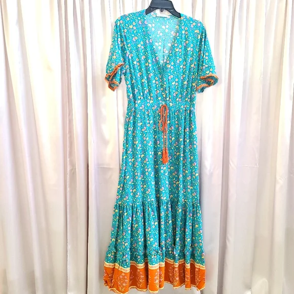 R. Vivimos Teal and Orange Maxi Dress Size Medium - Picture 1 of 3